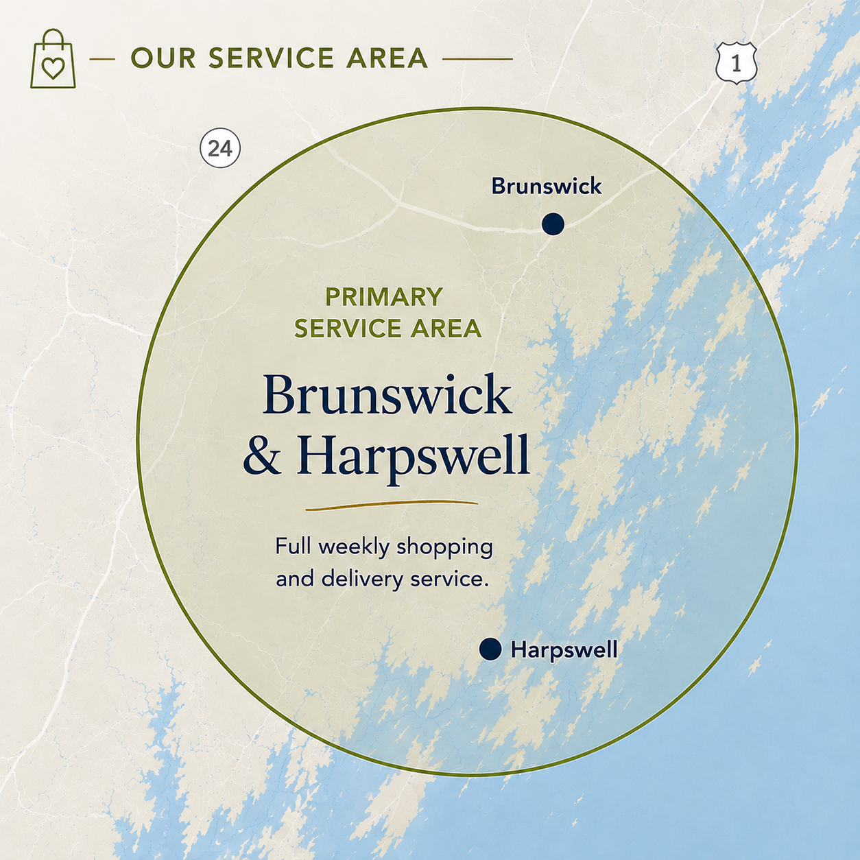 Stylized map of the Brunswick and Harpswell coastal area, Personal Shopper's primary service area