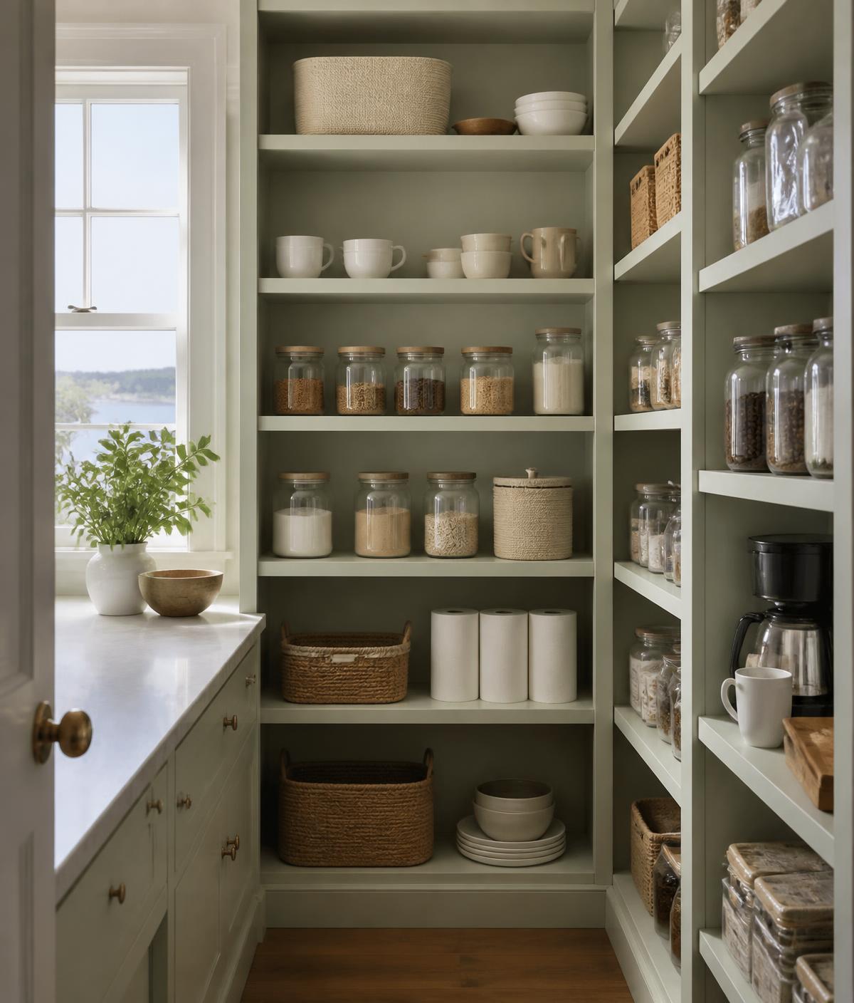 A tidy coastal-home pantry with labeled jars, coffee and paper goods neatly stocked